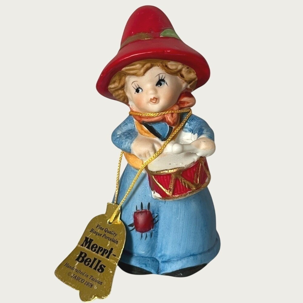 Vintage Jasco Porcelain Merri Bells Little Drummer Girl Christmas Decor Bell